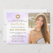 Waterverf Pastel Paarse Gouden Bat Mitswa Foto Kaart (Voorkant)