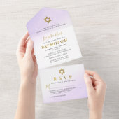 Waterverf Pastel Paarse Gouden Bat Mitzvah All In One Uitnodiging (Afscheurbaar)