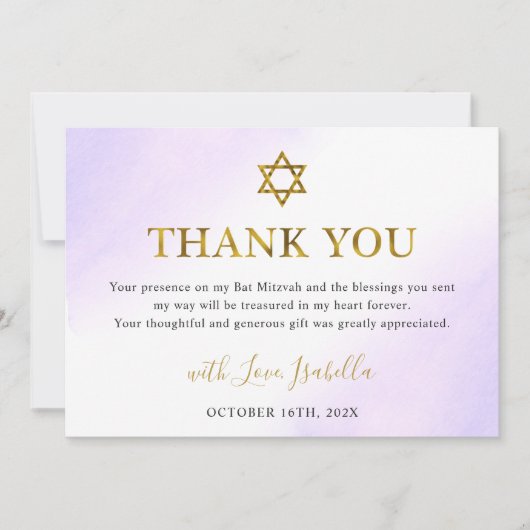 Waterverf Pastel Paarse Gouden Bat Mitzvah Bedankkaart (Voorkant)