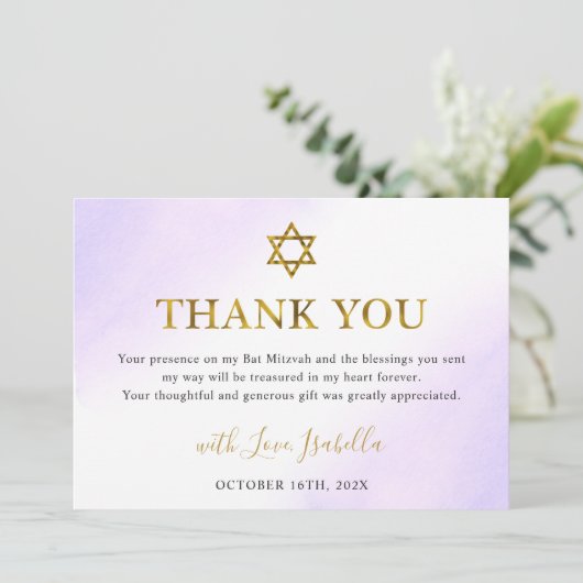 Waterverf Pastel Paarse Gouden Bat Mitzvah Bedankkaart (Staand voorkant)