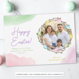 Waterverf Pastel Paas Krans Met Familie Foto Kaart