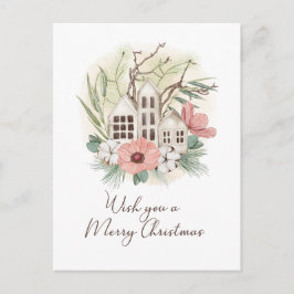 Waterverf Pastel Pink Brown Green kerst Feestdagenkaart