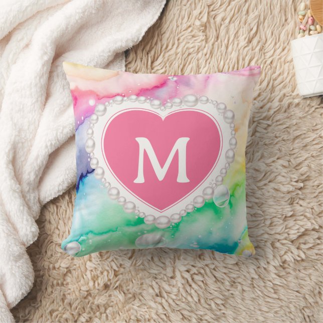 Waterverf Pastel Rainbow Pearl Heart Monogram Kussen (Deken)