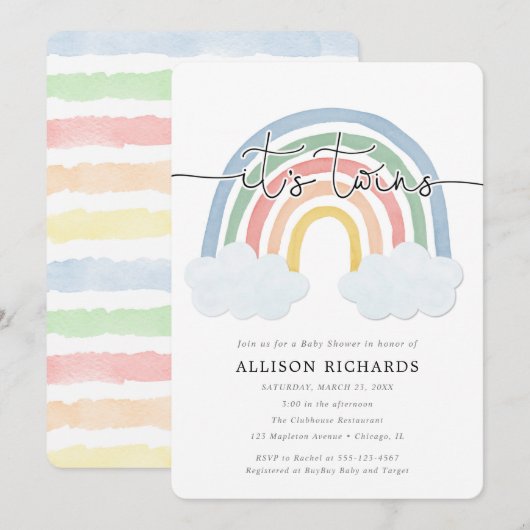 Waterverf pastel regenboog tweeling baby shower kaart (Voorkant / Achterkant)