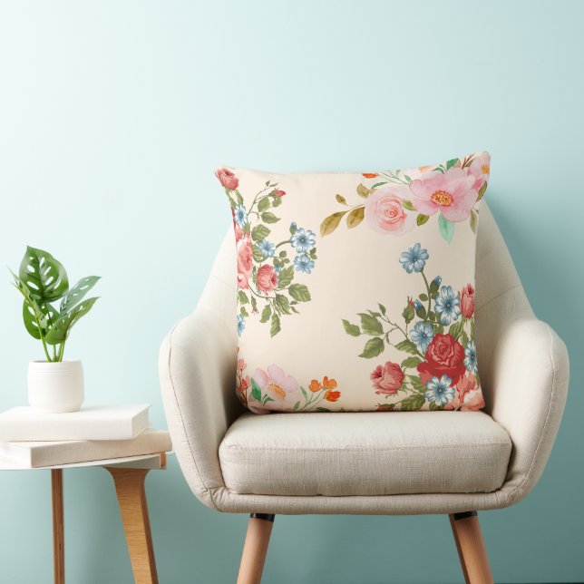 Waterverf pastel romantisch bloemmotief kussen (Stoel)