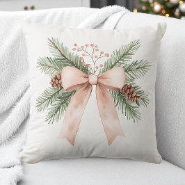 Waterverf Pastel Roze Beige Kerst Bow Pine Kussen