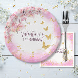 Waterverf Pastel Roze Bloemen Gouden Vlinders Papieren Bordje<br><div class="desc">Whimsical girly roze met faux gouden glitter vlinder ontwerp met roze kersenbloesems,  het ontwerp zou geweldig werken voor de eerste verjaardag van een meisje of een andere verjaardag.</div>