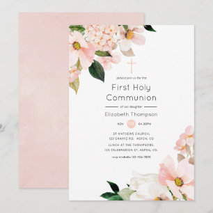 Waterverf Pastel Roze Bloemige Eerste Heilige Comm Kaart