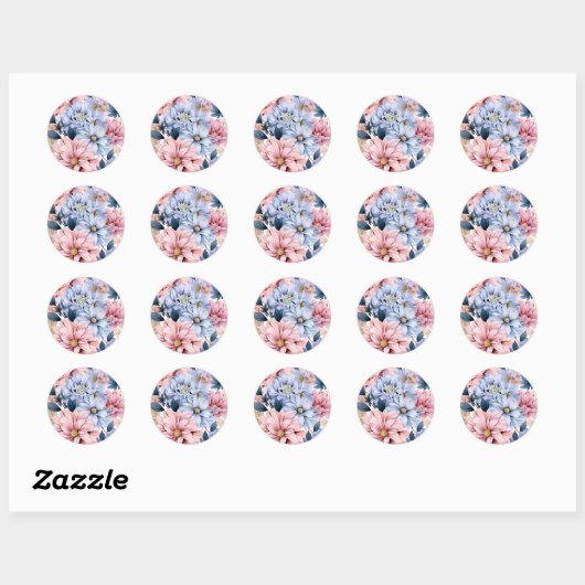 Waterverf pastel roze en blauw bloeit ronde sticker (Vel)