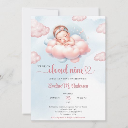 Waterverf pastel roze en blauw wolk negen meisje kaart (Voorkant)