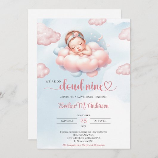 Waterverf pastel roze en blauw wolk negen meisje kaart (Voorkant / Achterkant)