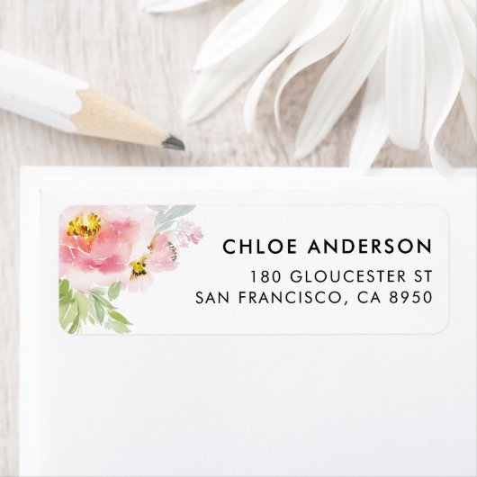 Waterverf pastel roze en paarse bloemen etiket (Insitu)