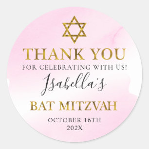 Waterverf Pastel Roze Gouden Bat Mitswa Dank je Ronde Sticker