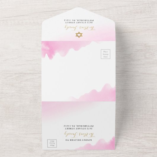 Waterverf Pastel Roze Gouden Bat Mitzvah All In One Uitnodiging (Buitenkant)