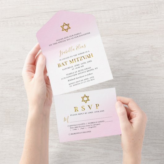 Waterverf Pastel Roze Gouden Bat Mitzvah All In One Uitnodiging (Afscheurbaar)