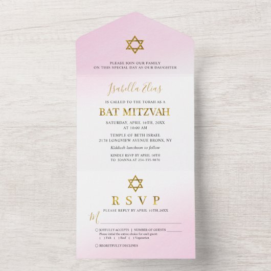 Waterverf Pastel Roze Gouden Bat Mitzvah All In One Uitnodiging (Binnen)