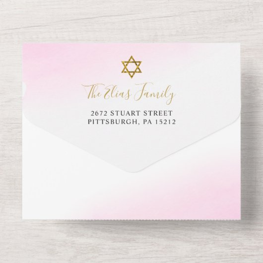 Waterverf Pastel Roze Gouden Bat Mitzvah All In One Uitnodiging (Achterkant)