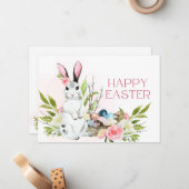 Waterverf Pastel Roze Rozen Bunny Happy Easter Notitiekaartje (Voorkant / Achterkant in situ)
