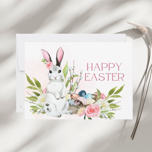 Waterverf Pastel Roze Rozen Bunny Happy Easter Notitiekaartje
