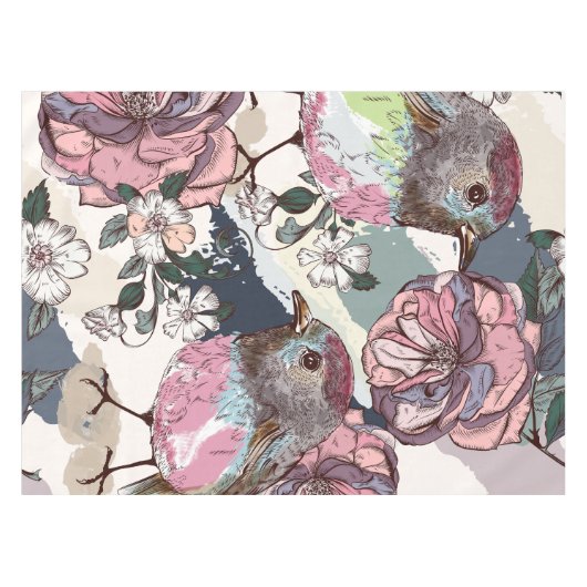 Waterverf Pastel Roze vogels en bloemen Tafelkleed (Voorkant (Horizontaal))