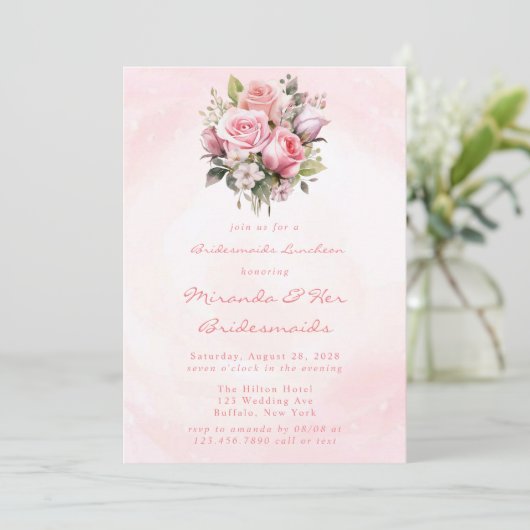 Waterverf Pastel Rozen Bruidsmeisjes Luncheon Kaart (Staand voorkant)