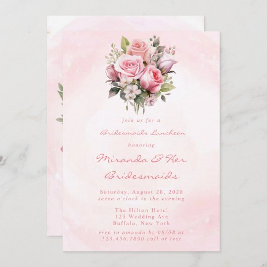 Waterverf Pastel Rozen Bruidsmeisjes Luncheon Kaart (Voorkant / Achterkant)
