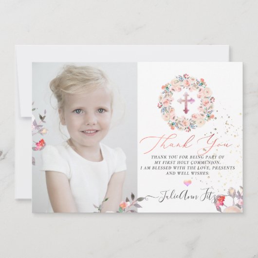 Waterverf Pastel Rozen Communie Dank u Kaart (Voorkant)