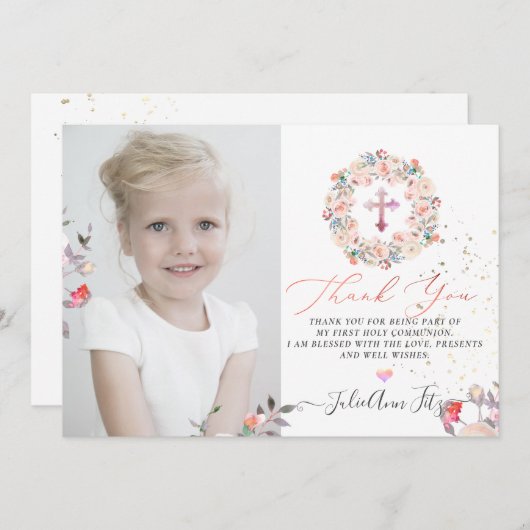 Waterverf Pastel Rozen Communie Dank u Kaart (Voorkant / Achterkant)