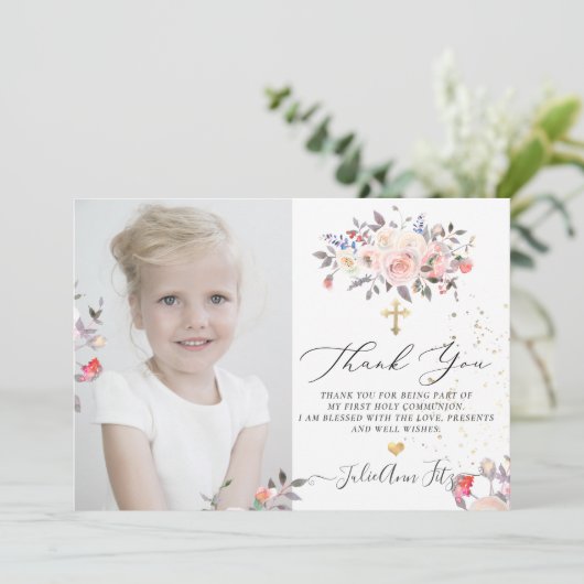 Waterverf Pastel Rozen Communie Dank u Kaart (Staand voorkant)