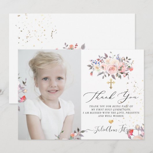 Waterverf Pastel Rozen Communie Dank u Kaart (Voorkant / Achterkant)