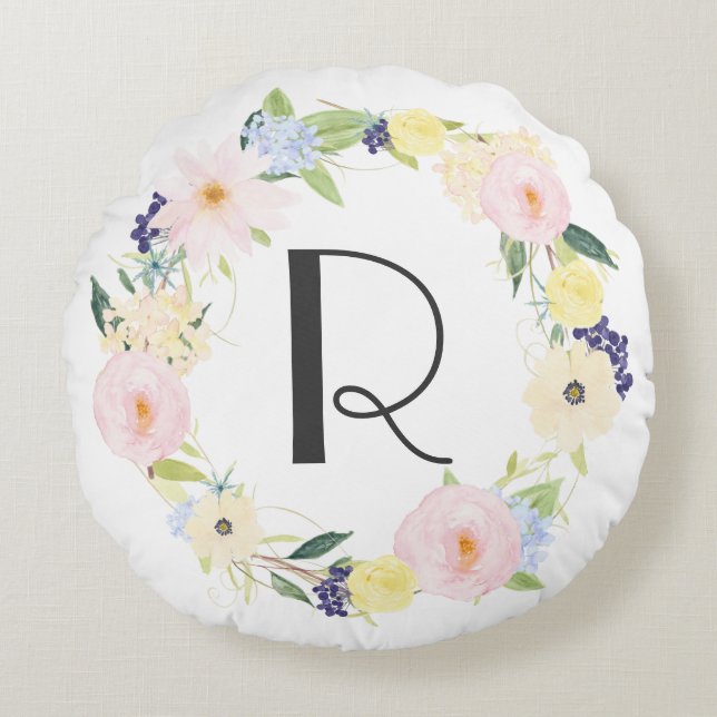 Waterverf Pastel Spring Floral Wreath Monogram Rond Kussen (Voorkant)