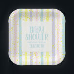 Waterverf Pastel Stripes Boy Baby shower Papieren Bordje<br><div class="desc">Pas deze borden van het jongetsenpapier aan die waterverf strepen in blauwe,  gele,  lavender,  roze en witte plus gele stippen kenmerken. Verscheidene grootte en vormen beschikbaar. Punten in onze winkel koppelen.</div>