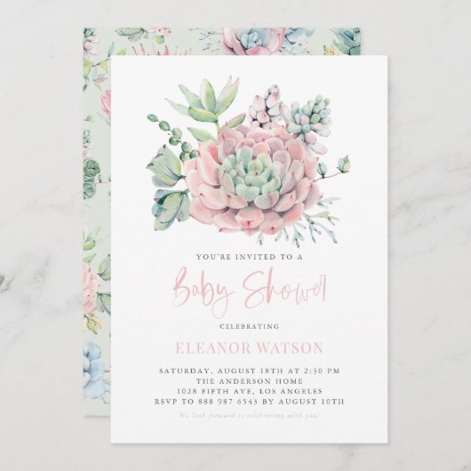 Waterverf Pastel Succulent Baby shower Kaart (Voorkant / Achterkant)