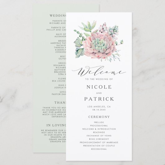 Waterverf Pastel Succulenten Bruidsboeket Bruiloft Programmakaart (Voorkant / Achterkant)