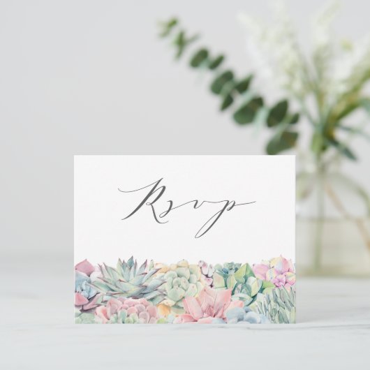 Waterverf Pastel Succulenten Garland Bruiloft RSVP Briefkaart (Staand voorkant)