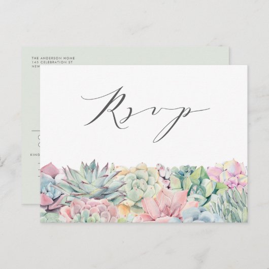 Waterverf Pastel Succulenten Garland Bruiloft RSVP Briefkaart (Voorkant / Achterkant)