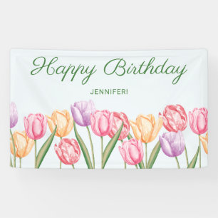 Waterverf Pastel Tulp Bloemen Gelukkig Verjaardag Spandoek