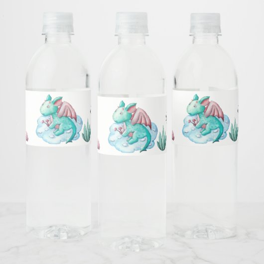 Waterverf Pastel Turquoise Dragon Baby shower Waterfles Etiket (Flessen)