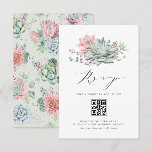 Waterverf pastel vetplanten boeket QR-code RSVP Kaartje (Voorkant / Achterkant)