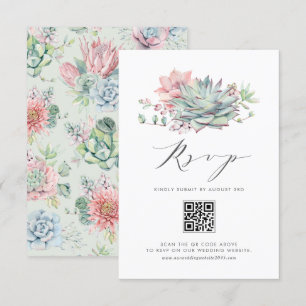 Waterverf pastel vetplanten boeket QR-code RSVP Kaartje