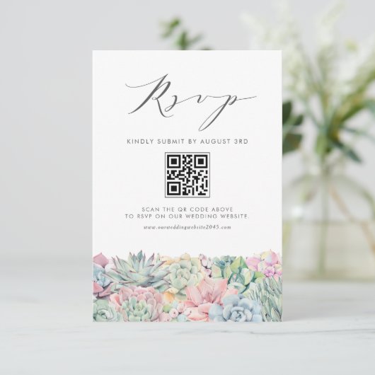 Waterverf pastel vetplanten bruiloft QR-code RSVP Kaartje (Staand voorkant)