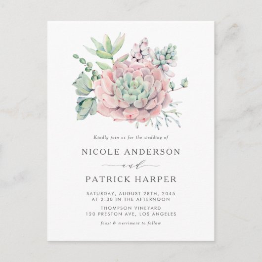 Waterverf pastel vetplanten bruiloft uitnodiging briefkaart (Voorkant)