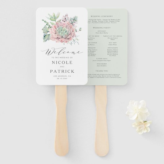 Waterverf Pastel Vetplanten Trouwprogramma Handwaaier (Voorkant en achterkant)