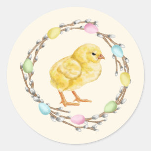 Waterverf Pastel Wilgenkrans Met Baby Kuiken Ronde Sticker