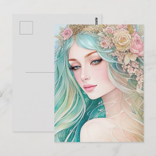 Waterverf Pastel Zeemeermin Briefkaart (Voorkant / Achterkant)