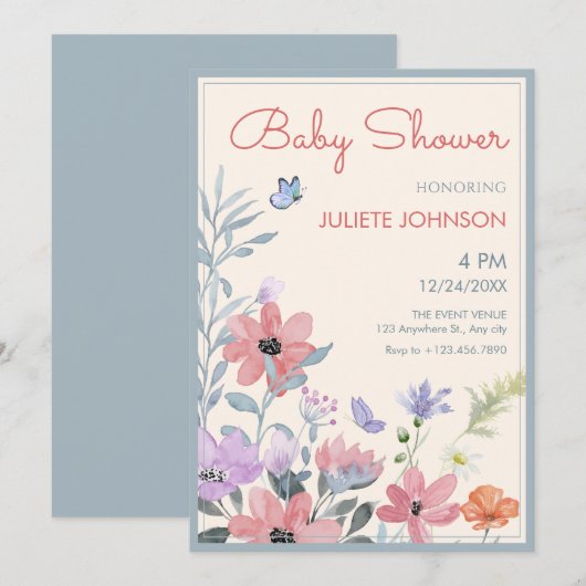 Waterverf pastelbloemen vlinder baby shower kaart (Voorkant / Achterkant)