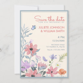 Waterverf pastelbloemen vlinder bruiloft save the date