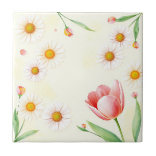 Waterverf pastelmadeliefjes en tulpen tegeltje