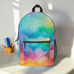 Waterverf pastelregenboogwolken monogram bedrukte rugzak<br><div class="desc">Verfris de dag van uw kind met de Waterverf Pastel Rainbow Clouds Monogram bedrukte rugzak. Deze charmante rugzak heeft een prachtig waterverf pastel regenboogontwerp met donzige wolken, aanpasbaar met het monogram van uw kind voor een persoonlijk tintje. Gemaakt van duurzame materialen, het omvat ruime compartimenten en stevige ritsen, perfect voor...</div>