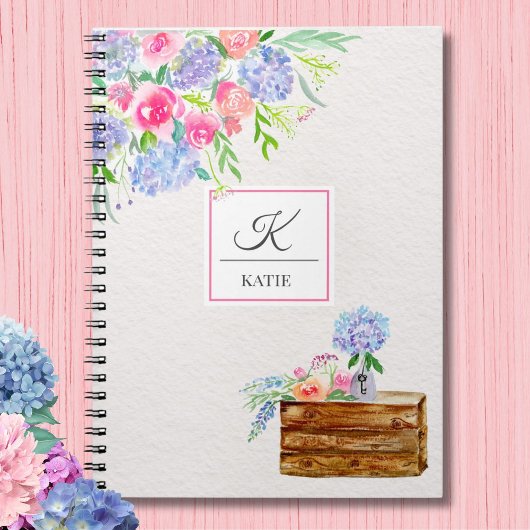 Waterverf Pastelrozen, Hydrangea Monogram Notitieboek